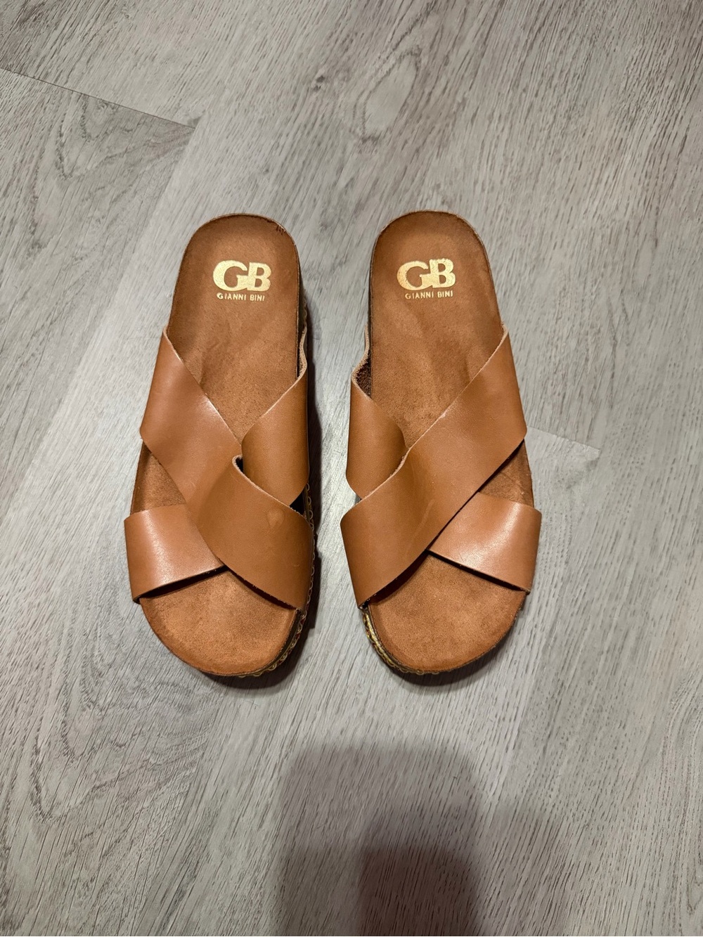 Gianni Bini Tan Leather Crisscross Slide Sandals